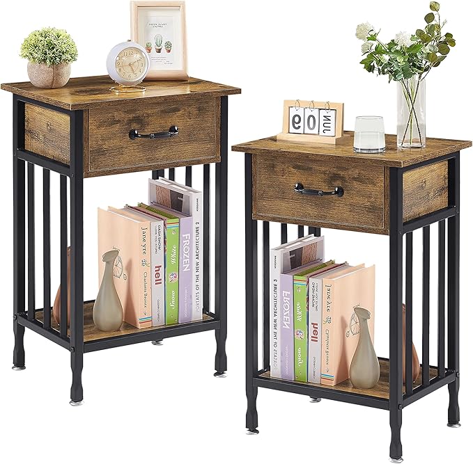 VECELO Nightstands, Industrial Side Table/End Tables with Drawer and Storage Shelf, Night Stands for Bedroom, Living Room, Wood Metal Furniture, Easy Assembly