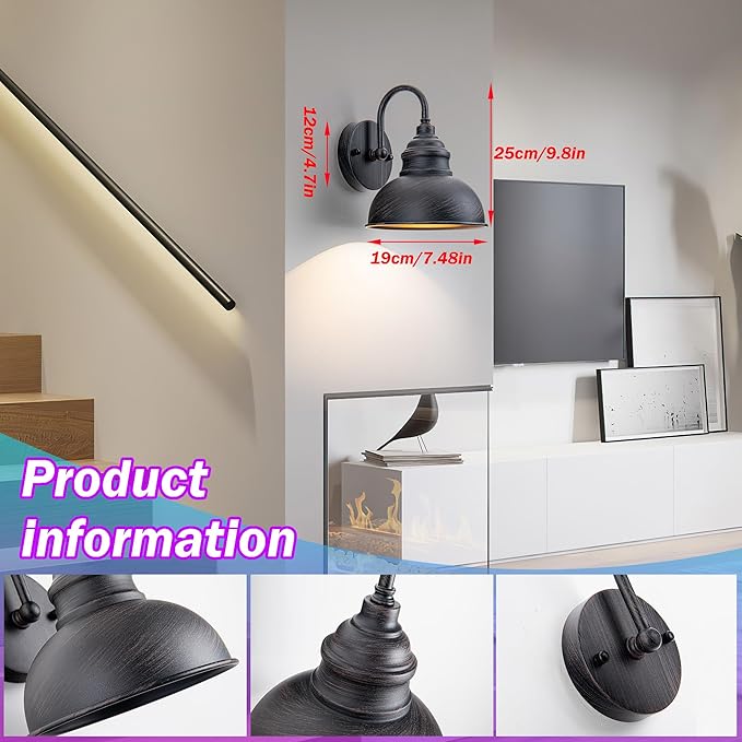 Industrial Battery Operated Wall Sconces Set of Two Wall Light Fixture with Remote, Indoor Not Hardwired Wall Mount Lamp for Bedroom Bathroom Vanity Light, Easy to Install, Batteries Included