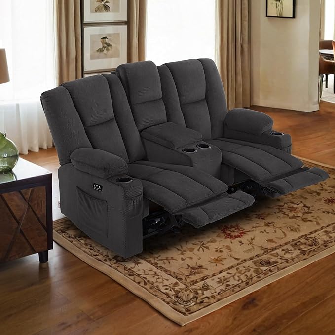 MCombo Zero Gravity Power Loveseat Sofa with Console, Heat and Massage, Reclining Loveseat for Living Room, Fabric 6035SET (Grey, Loveseat with Console)