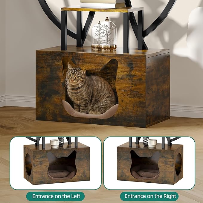 YITAHOME Tall Bookshelf with LED Light, Artistically Designed Tree Bookshelf with Cats Litter Box, 8-Tier Unique Bookshelves Corner Display Shelf for Home Office, Bedroom