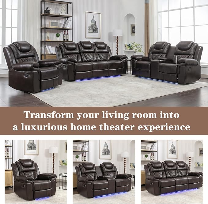ERYE 73-Inch Oversized Manual Reclining Sofa with LED Strip and Cupholders for Living Room Home Theater, Multifunctional Faux Leather Loveseat Manual Recliner Couches | Storage Console, Cup Holder, LED Light Strips