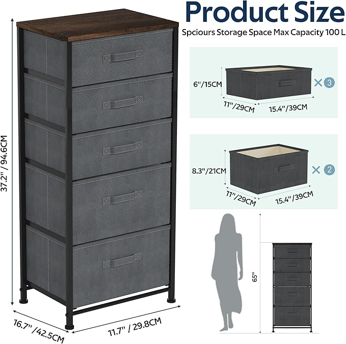 Whitmor Dresser for Bedroom, 5 Drawer Fabric Dresser, Chest of Drawers with Removable Fabric Drawer,37" Tall Wood Storage Organizer with Sturdy Steel Frame, 16.7" Lx 11.7" W x 37.2" H, Gray