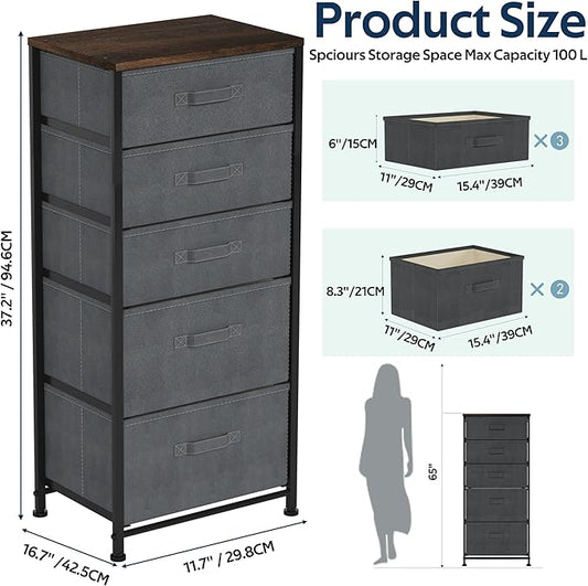 Whitmor Dresser for Bedroom, 5 Drawer Fabric Dresser, Chest of Drawers with Removable Fabric Drawer,37" Tall Wood Storage Organizer with Sturdy Steel Frame, 16.7" Lx 11.7" W x 37.2" H, Gray