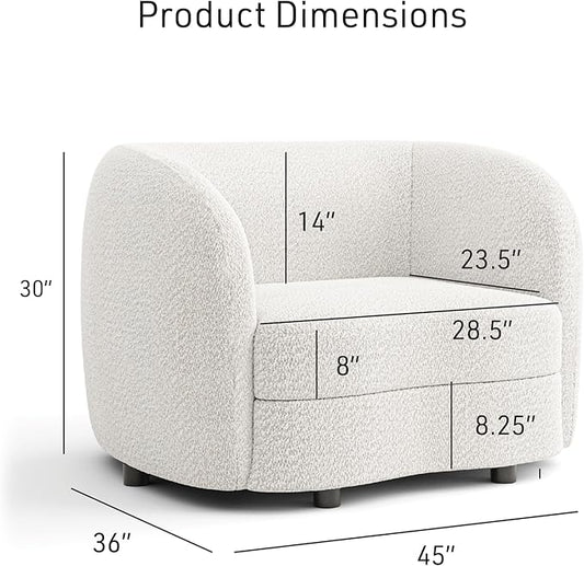 Furniture of America Nimiane Modern Boucle Barrel Chair with Curved Arms and Wooden Legs, Fabric Upholstered Armchair, Comfy Sofa Chair for Living Room, Bedroom, Home Office, Off-White