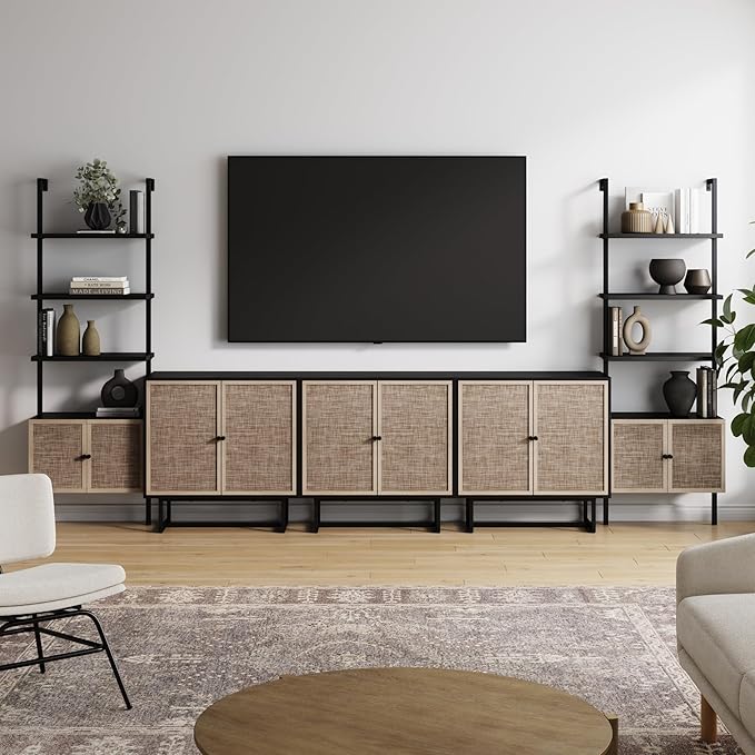 Nathan James Kova Bohemian Entertainment Center Wall Unit with Bookshelves, Bookcase TV Stand with Rattan Door Fronts, Entertainment Wall Unit with Storage, Black Oak/Cane
