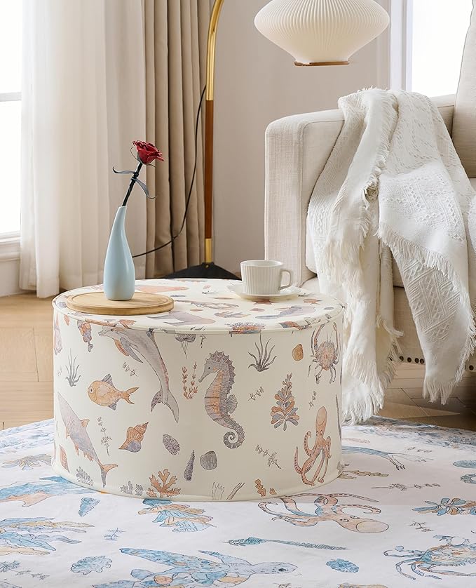 Large 22" Sturdy and Comfortable Ottoman Pouf Sealife Design for Kids Toddler Playroom, Bedroom, Nursery with Foam Filling as Seating, Footrest, Side Table Nautical Home Décor PU Leather (Cream Multi)