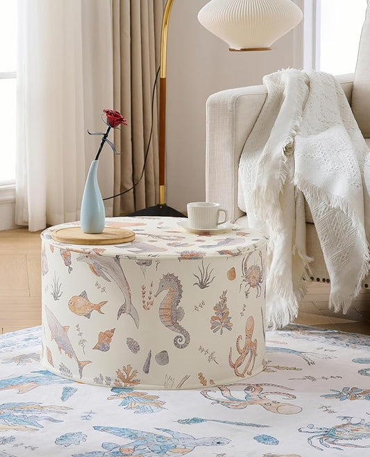 Large 22" Sturdy and Comfortable Ottoman Pouf Sealife Design for Kids Toddler Playroom, Bedroom, Nursery with Foam Filling as Seating, Footrest, Side Table Nautical Home Décor PU Leather (Cream Multi)