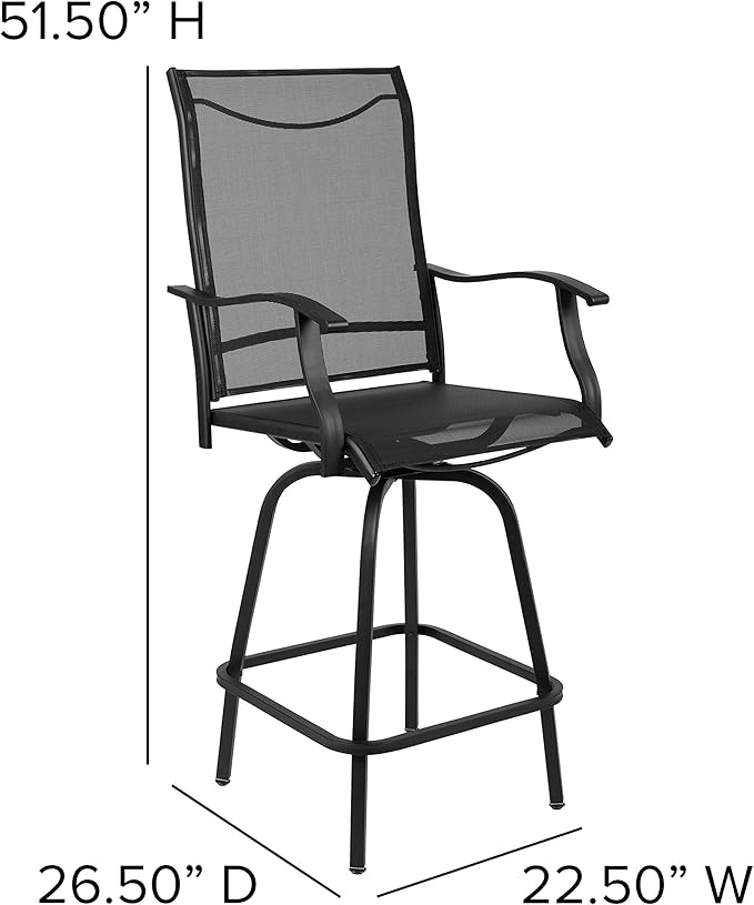 Flash Furniture Valerie All-Weather Swivel Patio Barstools with Footrest and Armrests, Modern Sling Outdoor Bar Height Stools, Set of 2, Black