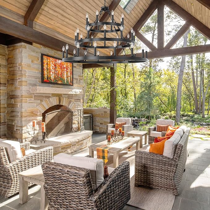 48 Inch Extra Large Black Wagon Wheel Chandelier, 3 Tier 36-Lights Farmhouse Pendant Light Fixture, Horse Wheel Lamp for High Ceiling Living Room, Dining Room, Hall, Porch, Stairs, Entrance, Passage