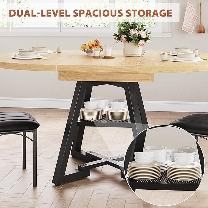Round Dining Table Kitchen Dining Room Dinner Table for 4-6, Space Saving Extendable Oval Circle Furniture with Pedestal Base and Storage Shelf for Kitchen Living Room (Wood, for 4-6)