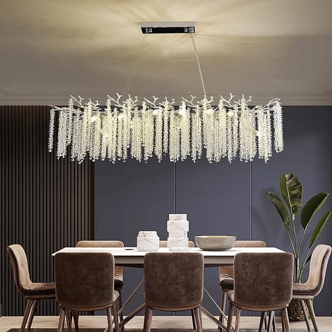 Modern Crystal Tree Branch Chandelier, Chrome Linear Rectangle Art Deco Raindrop Lighting Fixture for Dining Room Living Room Kitchen Island 16 Lights L59''