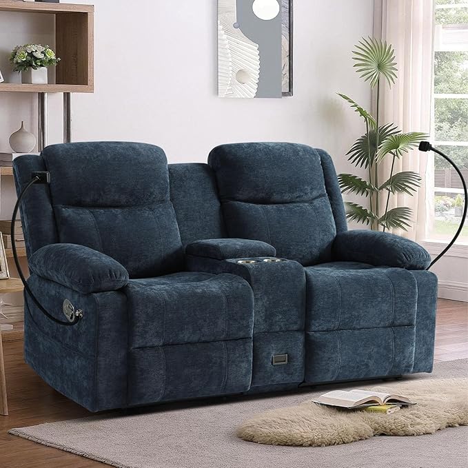 Loveseat Recliner Sofa, Manual Recliner Loveseat with Console, Modern Chenille Sofa Sleeper Deep Couches with Cell Phone Holder and Hidden Socket for Living Room/Office/Apartment (Blue) | Cup Holder, Side pocket