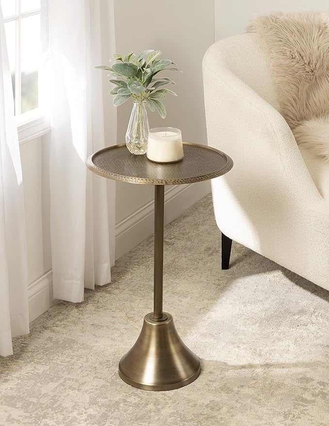 Kate and Laurel Sanzo Modern Round Pedestal Side Table, 15 x 15 x 24, Gold, Decorative End Table with Hammered Tabletop for Use as a Bedroom Nightstand or Living Room Accent