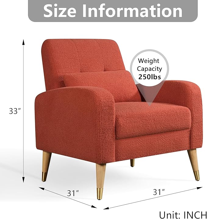 Dolonm Mid-Century Modern Accent Chair, Upholstered Armchair Living Room Chair, Comfy Single Sofa Chair with Sturdy Legs for Living Room Bedroom, Red