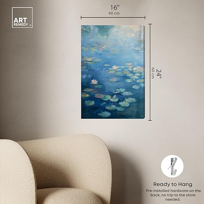 Art Remedy Lilypads In Blues Gallery Wrapped Impressionism 1 Piece Canvas Wall Art/Monet And Van Gogh Inspired Art, 16" x 24", Gallery Wrapped