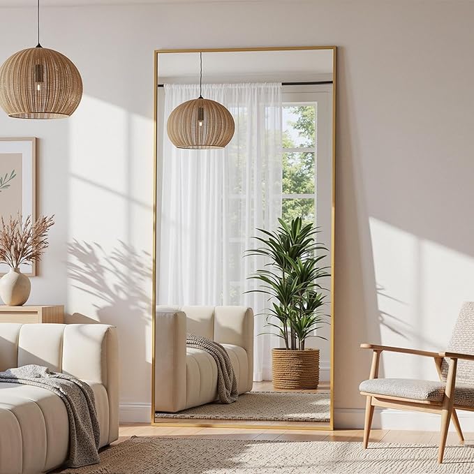 Full Length Mirror, 71"x32" Full Body Mirror, Floor Mirrors with Stand, Body Mirrors Standing Hanging Leaning Against Wall,Aluminum Frame Mirrors for Bedroom Cloakroom,Living Room,Gold