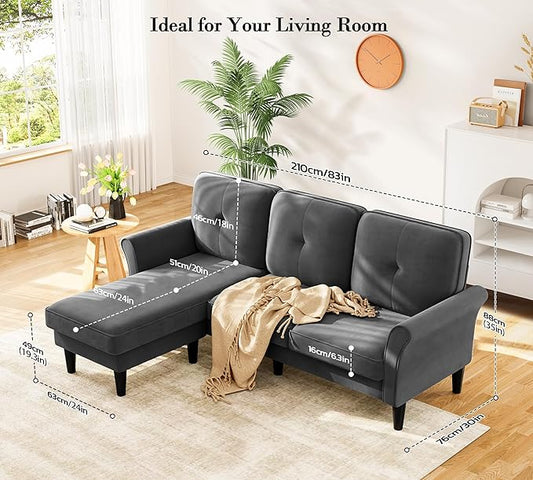 Kidirect 83" Sectional Couch, Velvet L-Shaped Couch 3 Seater Sectional Couches for Living Room, Comfy Fluffy Deep Seat Loveseat, Modular Sectional Sofa with Ottoman for Apartment Office, Grey Couch