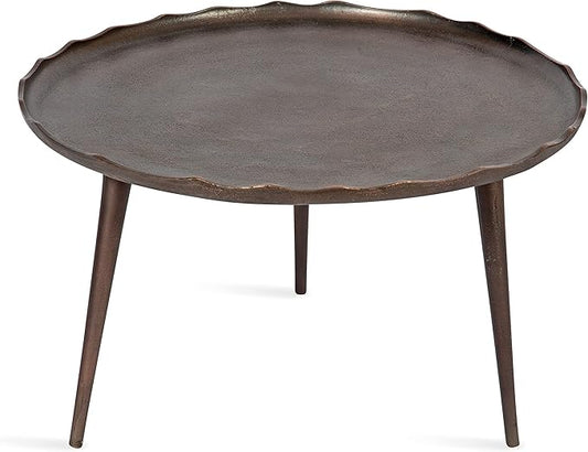 Kate and Laurel Alessia Modern Round Metal Coffee Table, 26 x 26 x 16, Bronze, Sand Cast Aluminum Coffee Table with Raised Deckled Edge for Storage and Display