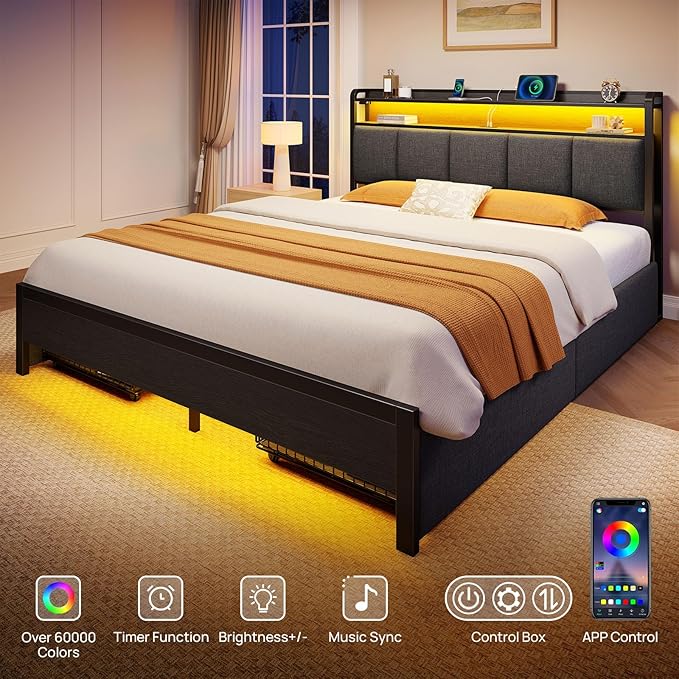 Rolanstar Bed Frame Queen Size with Charging Station and LED Lights, Upholstered Storage Headboard with Drawers, Heavy Duty Metal Slats, No Box Spring Needed, Noise Free, Easy Assembly, Dark Grey