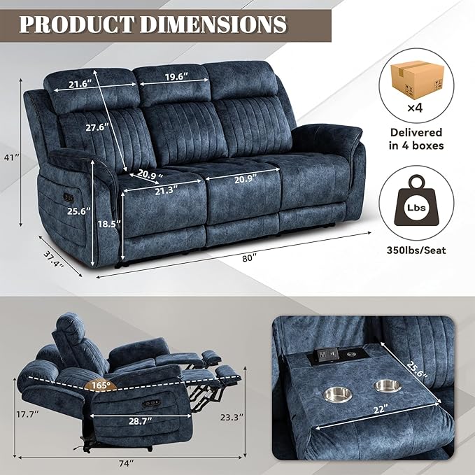 Zero Gravity Power Reclining Sofa Set, 3-Seater Reclining Couch with Drop Down Table + 2-Seater Power Loveseat Recliner with Console, Adjustable Headrests, Living Room Furniture (Velvet, Blue)