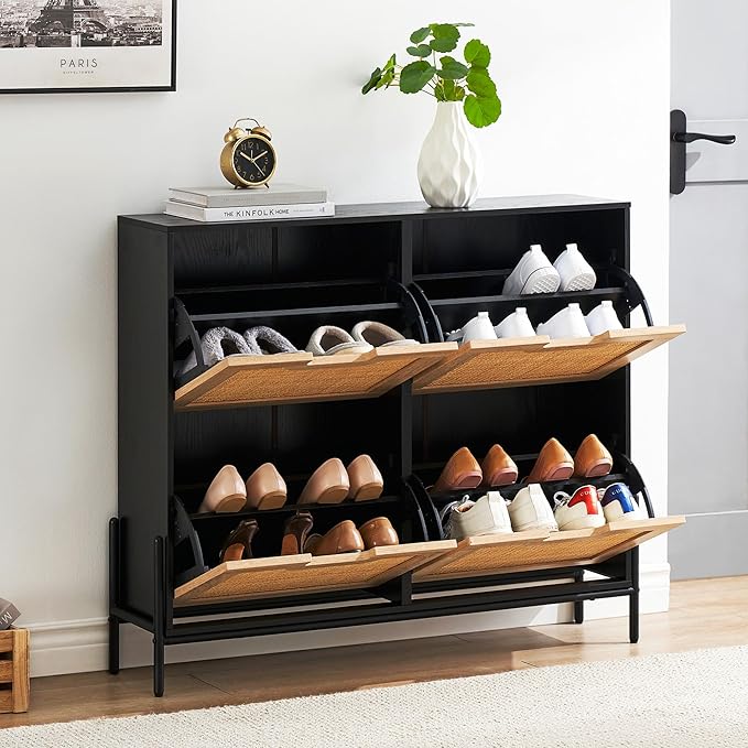 4 Flip Drawers Shoe Storage Cabinet, Rattan Shoe Organizer with Metal Legs, Freestanding Narrow Shoe Rack Cabinet for Entryway, Black