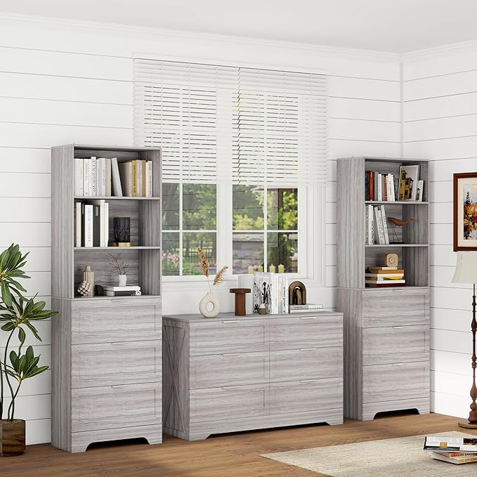 71'' Tall Bookshelf with Drawers,6 Tier Wooden Bookcase Storage Organizer,Freestanding Display Cabinet with Adjustable Shelves for Living Room, Bedroom, Kitchen, Home Office, Wash Grey