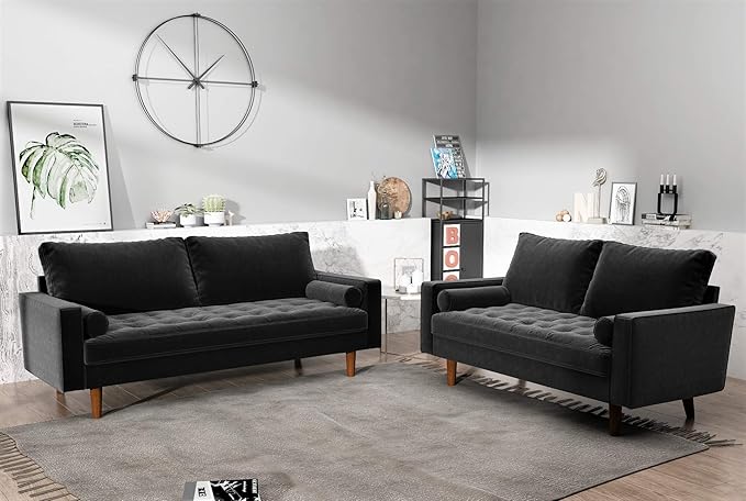 Container Furniture Direct Womble 58 Inch Velvet Loveseat Sofa with Elegant Button Tufted Upholstery, Square Arms, Splayed Wood Legs, Includes Matching Bolster Pillows, Midnight
