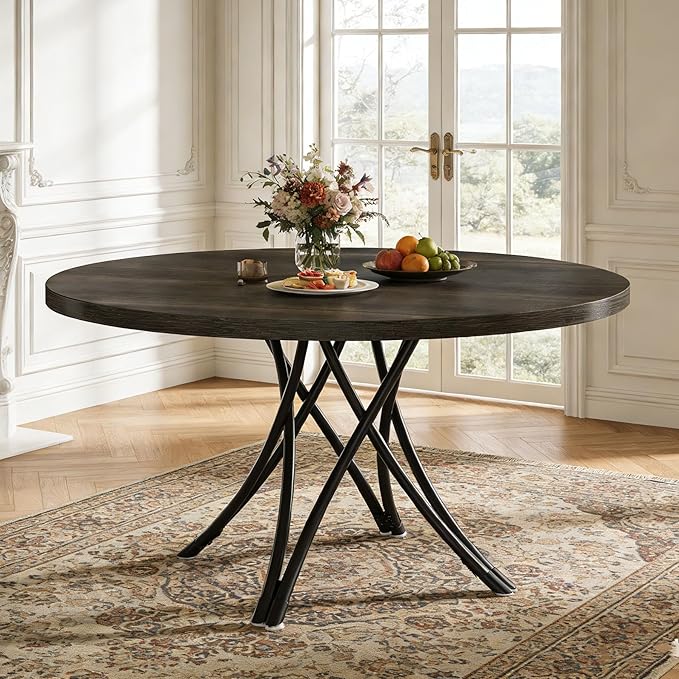 Tribesigns 47" Round Dining Table for 4-6, Modern Kitchen Table with Metal Cross Legs, Small Circle Dinner Table for Kitchen, Dining Room, Small Space, Space Saving (Black)