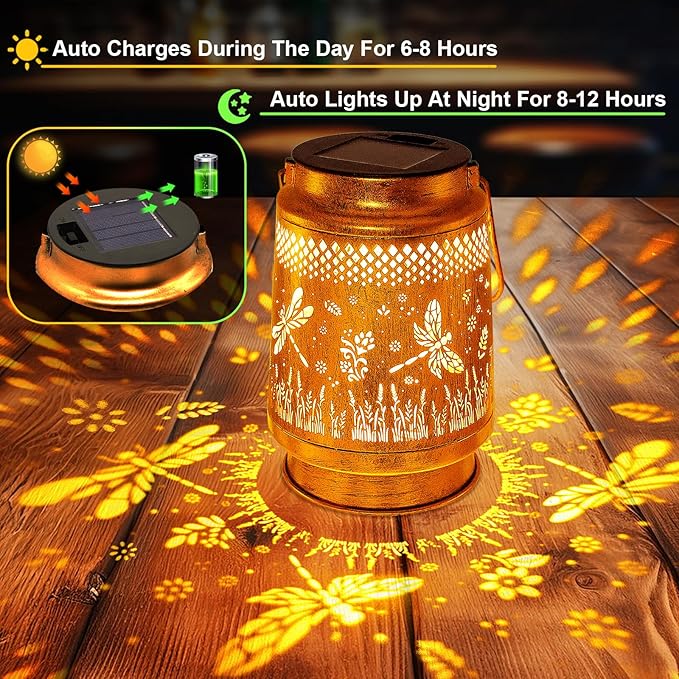 Solar Lanterns Outdoor Waterproof Dragonfly Garden Decor, Gifts for Women Mom Grandma Birthday, Hanging Solar Lights Metal LED Decoration with Shepherd Hook Outside for Yard Patio Lawn Porch
