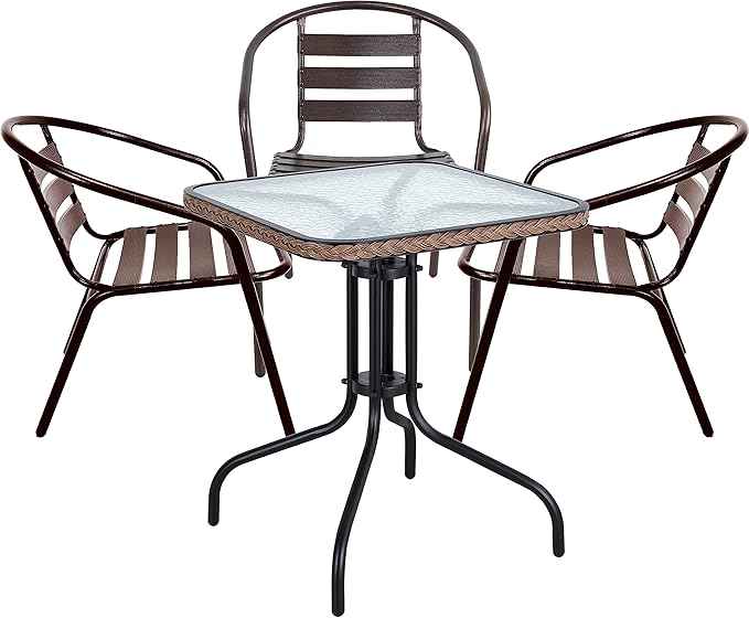 BTEXPERT Indoor Outdoor 28" Tempered Glass Trim Restaurant Aluminum Slat Stack Lightweight, 3 Metal Chairs with a Square Rattan Table, Bronze/Brown