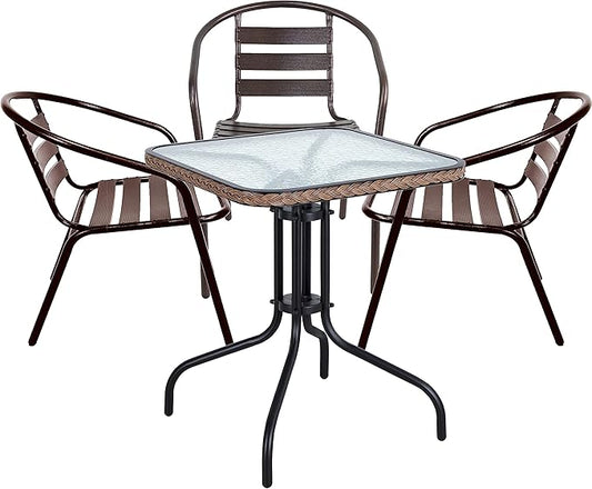 BTEXPERT Indoor Outdoor 28" Tempered Glass Trim Restaurant Aluminum Slat Stack Lightweight, 3 Metal Chairs with a Square Rattan Table, Bronze/Brown