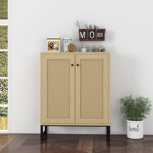 Panana Rattan Decorated 2 Doors Storage Cabinet Accent Cabinet Living Room Cupboard Kitchen Sideboard Buffet Table (Natural)