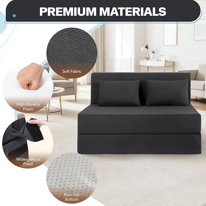 Fvkind Folding Sofa Bed, 4 in 1 Convertible Sleeper Sofa Bed Chair with Pillow, Twin Memory Foam Loveseat Futon Sleeper Chair, Foldable Futon Couch for Living Room, Bedroom, Guest Room, Dark Grey