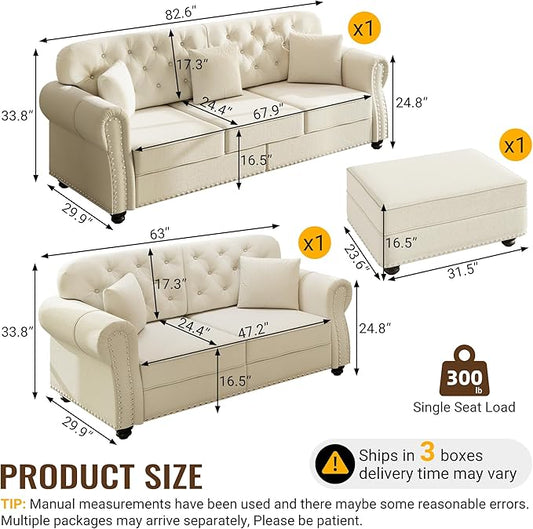KEIKI 2-Piece Chesterfield Sofa Set with 1 Velvet 3-Seater Sofa & 1 Loveseat Sofa, Upholstered 5-Seater Couch Set with Nailhead Trim & Rolled Arms & 1 Ottoman & 5 Pillow, for Living Room, White