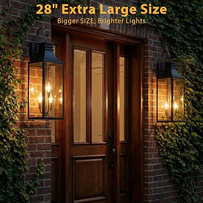 28" Large Outdoor Wall Lights 2 Pack, 3-Light Black Exterior Sconces with Clear Glass, Extra Tall Waterproof Porch Lanterns, Aluminum Alloy Fixtures for Front Door Garage, E12 Socket