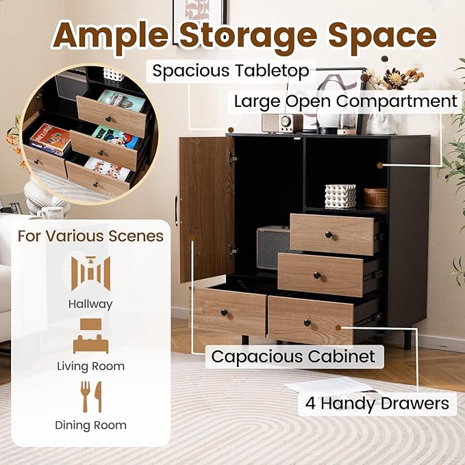Giantex Storage Cabinet with 4 Drawers, Door and Open Compartment, 18" x 31.5" x 38.5" Inches, Metal Support Legs, Freestanding Side Cabinet, Buffet Sideboard for Living Room, Dining Room, Entryway
