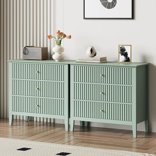 Large Sage Green Fluted 3-Section Set of 2, Modern 30 Inch Tall Wood Side Unit with Ball Bearing Slides, Wide Accent Furniture with Spacious Compartments for Living Room Entryway