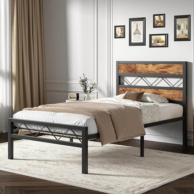VECELO Twin Bed Frame with Headboard, Metal Platform Bedframe with Heavy Duty Slats Support, No Box Spring Needed, Easy Assembly, Rustic Brown