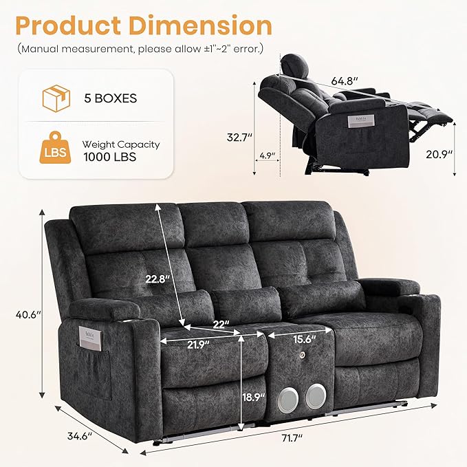 Power Reclining Sofa with 4 LED Lights, Bluetooth Speaker, Power Reclining Loveseat with Drop Down Table,Outlets, 3-Seater Recliner Sofa with Arm/Seat Storage(Grey, Loveseat with Console)