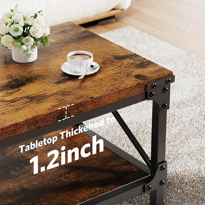 Rectangle Coffee Tables for Living Room, Wood Rectangular Coffee Table, 2 Tier Industrial Modern Center Table with Thickened Tabletop and Metal Frame, 40 inch Long (Rustic Brown)