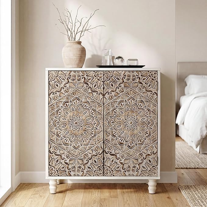 COSIEST Set of 2 32" Buffet Sideboard Cabinets with Vintage Firework Carved Pinewood Doors, Push-to-Open, Storage Accent Cabinet for Living Room, Kitchen, Hallway, Gray