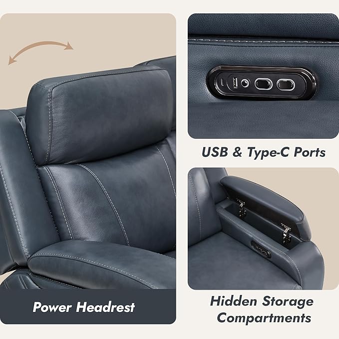 Watson & Whitely Genuine Leather Power Recliner Sofa with Console, 3 Seater Zero Gravity Reclining Sofa with Power Headrest & Flip Middle Backrest Table, Cup Holders for Living Room, Navy Blue