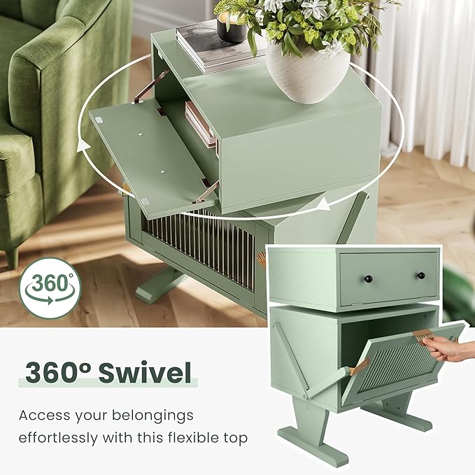 RoyalCraft Nightstand with LED Light Strips, Green End Table with 360° Rotating Drawer, Modern Bedside Table with Glass Door Storage, Wood Night Stand Cabinet for Bedroom, Home Office, Green