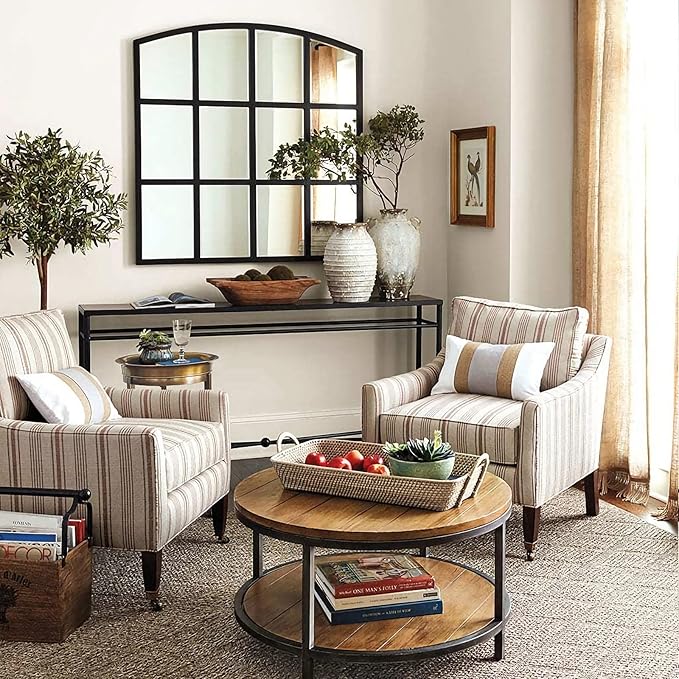 36 Inch Arched Window Mirror, Matte Black Metal Frame Decorative Mirror, Grid Wall Mirrors for Living Room, Bedroom, Entryway