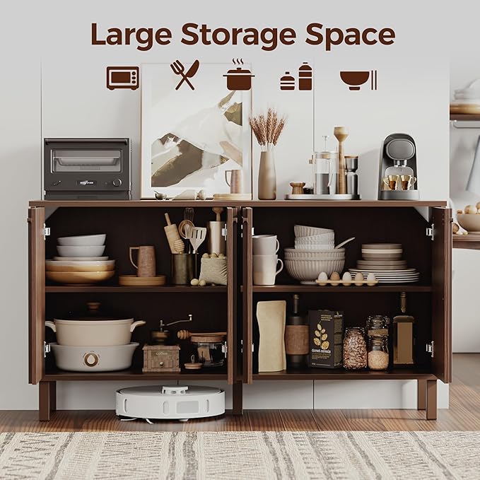 58" Sideboard Buffet Cabinet with Storage, 4 Doors, Adjustable Shelves, Wooden Mid Century Coffee Bar Cabinet for Kitchen, Living Room, Entryway, Walnut