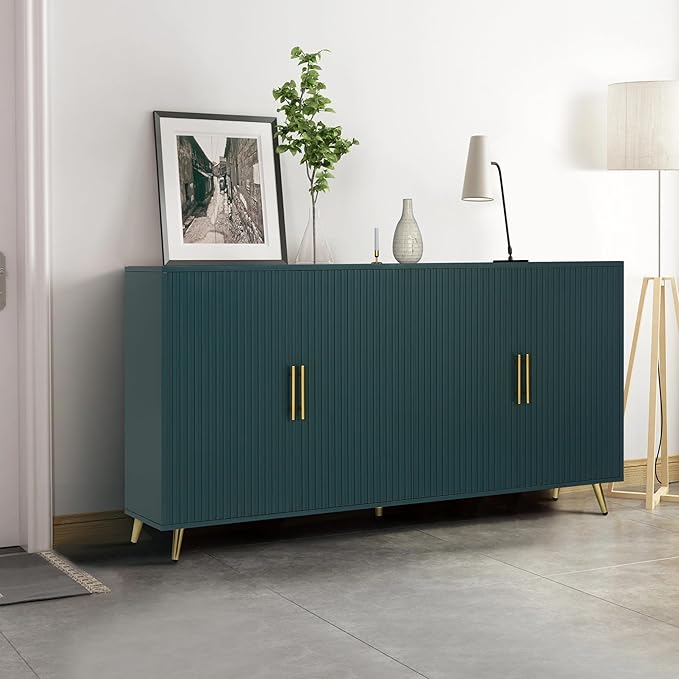 Wood TV Stand Farmhouse TVs Stand,Console Table Media Sideboard with Ample Storage and Adjustable Shelf,Unique Medieval Style,Storage Cabinet for Living Room, Bedroom,Navy Blue