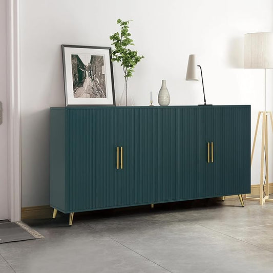 Wood TV Stand Farmhouse TVs Stand,Console Table Media Sideboard with Ample Storage and Adjustable Shelf,Unique Medieval Style,Storage Cabinet for Living Room, Bedroom,Navy Blue