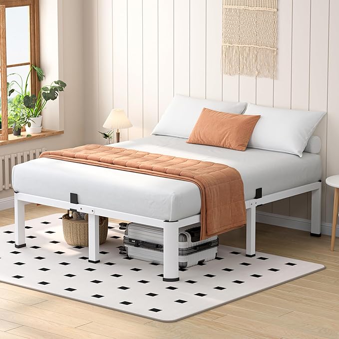 14 Inch White Full Heavy Duty 3500 lbs Bed Frame with Round-Corner Legs & Anti-Squeak Design – Quick Assembly Metal Platform, No Box Spring Needed