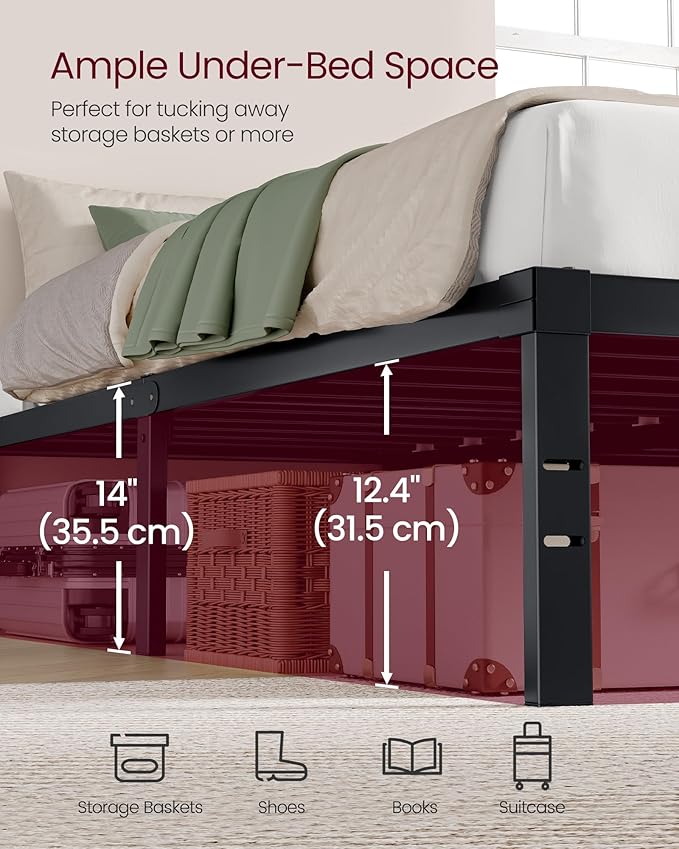 VASAGLE Queen Metal Bed Frame 14 Inches Tall, 1100 lb Weight Capacity, No Box Spring Needed, with Under-Bed Storage, Easy Setup, Heavy-Duty Platform Bed, Mattress Retainers, Matte Black URMB651BD02S