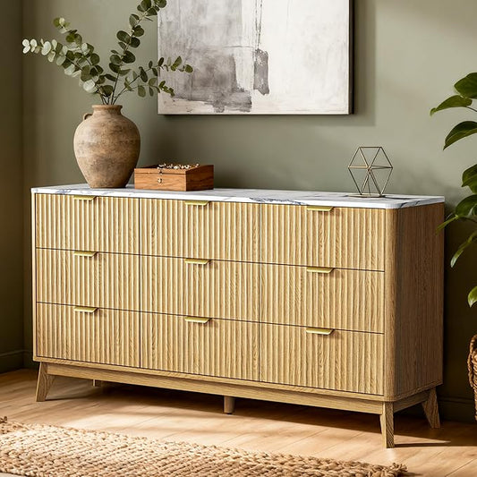 57" Fluted 9 Drawer Dresser with Arc-Shaped Corner,Modern Chest of Drawers with Metal Handle, Wood Closet Clothes Storage Organizer with Curved Edges for Bedroom,Natural